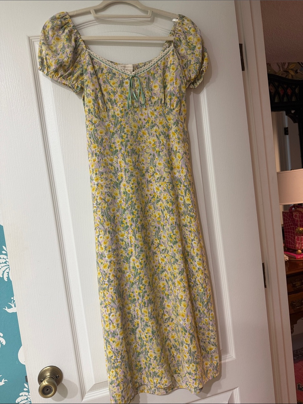 Floral Puff-Sleeve Yellow Midi Dress with Tie Front